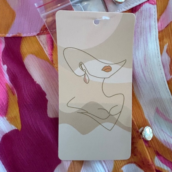 Fashion Pink Orange Abstract Print Button Down Ruffle Hem Mini Shirt Dress M NEW - Picture 5 of 12